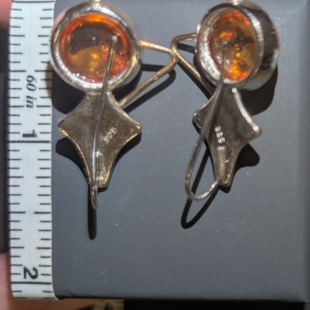 Amber Orb Silver Star Drop Earrings - Honey Amber - Picture 6 of 8